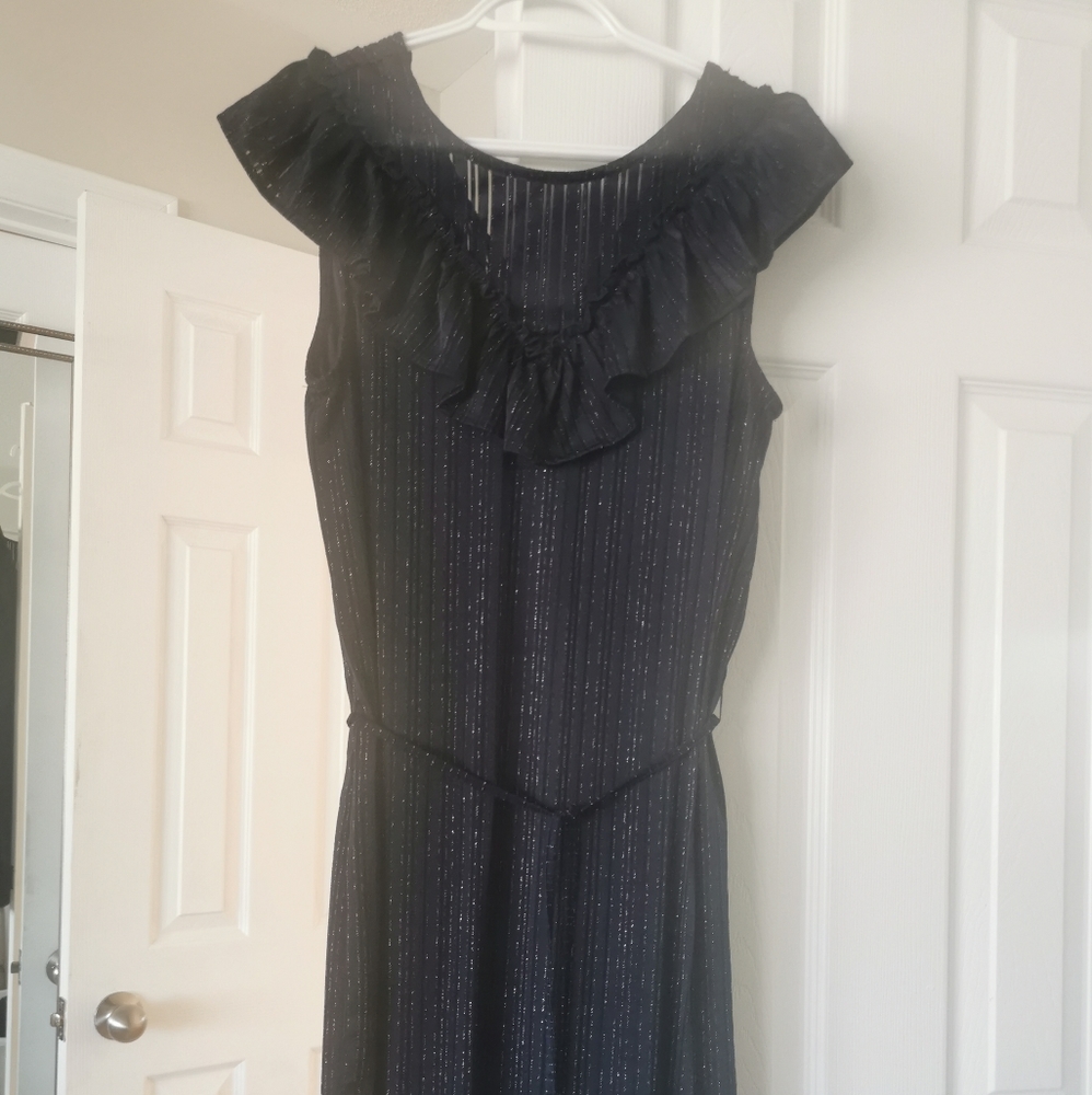 NWOT Navy blue silver sparkle pinstripe like  ruffle dress